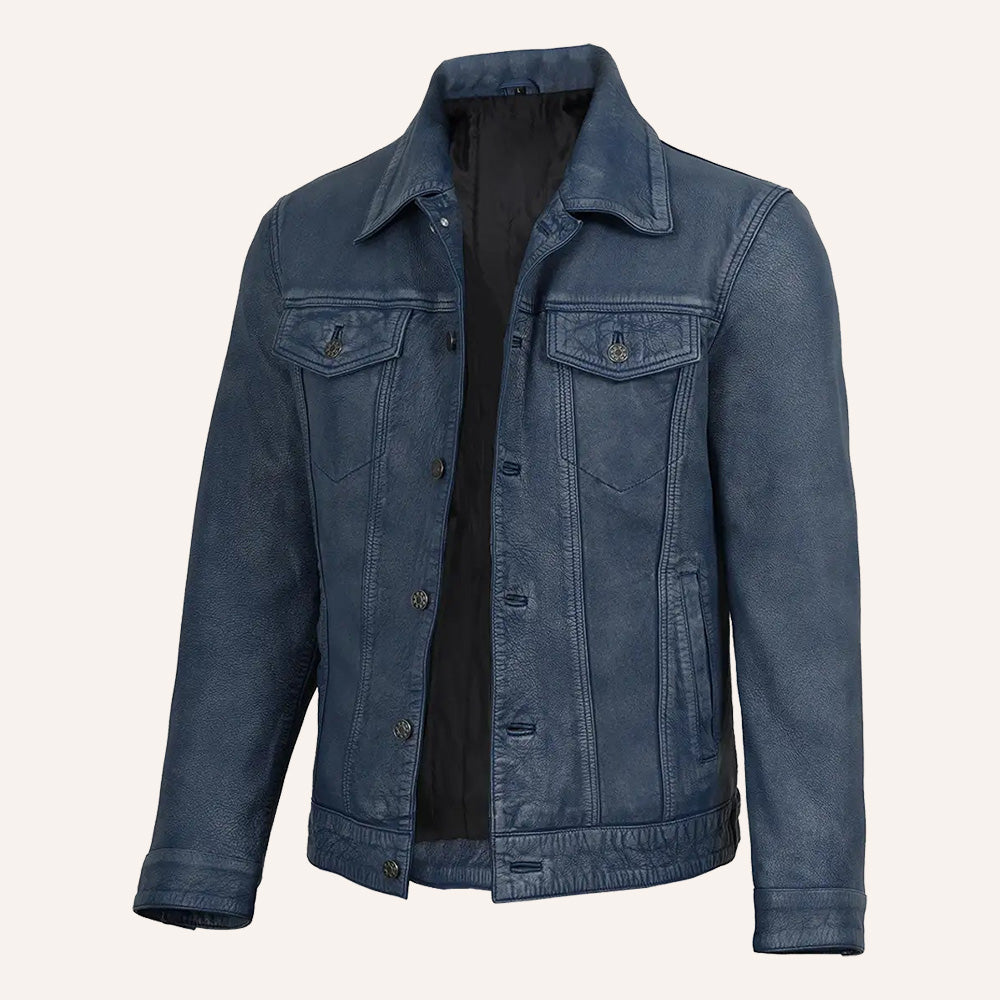 Men’s Vintage Navy Blue Real Leather Trucker Jacket