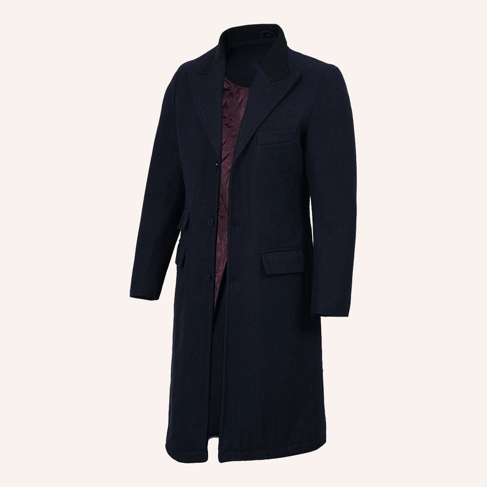 Men’s Classic Navy Blue Wool Overcoat with Velvet Collar