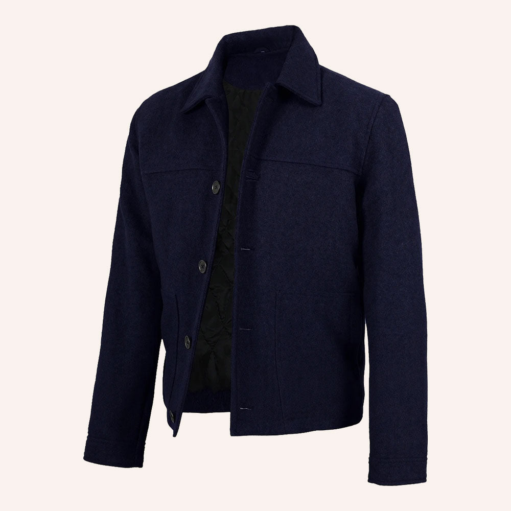 Men’s Classic Navy Blue Wool Shirt Jacket with Quilted Lining