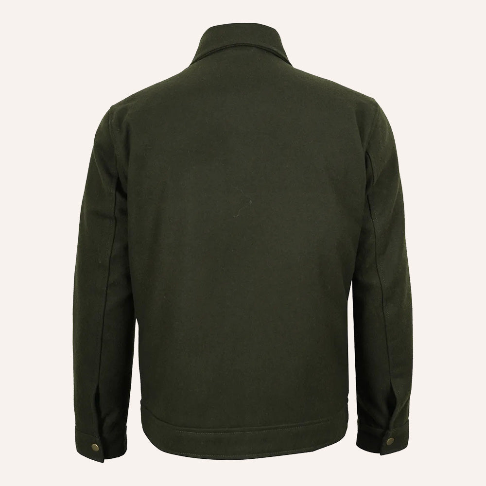 Men’s Classic Olive Green Wool Zip-Up Trucker Jacket