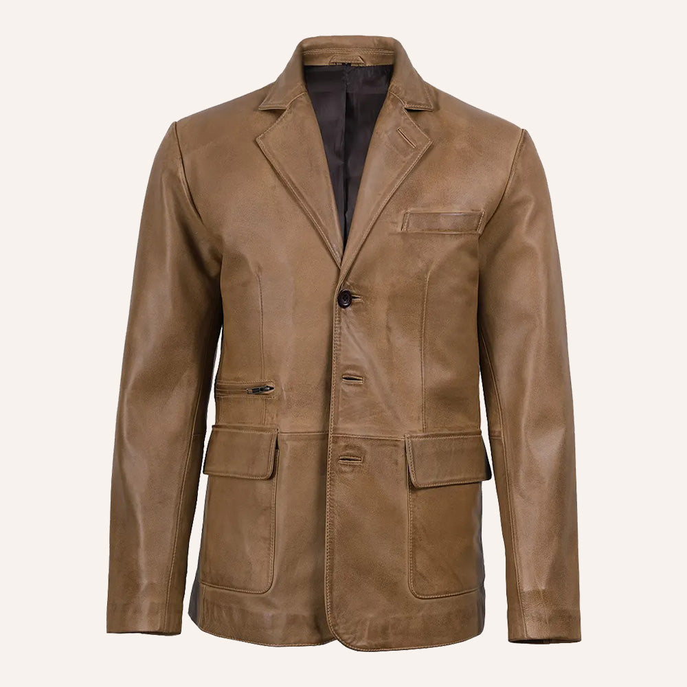 Men’s Classic Tailored Tan Brown Real Leather Blazer Jacket