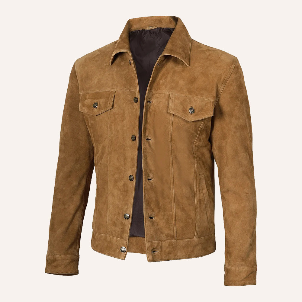 Men’s Vintage Tan Brown Suede Leather Trucker Jacket