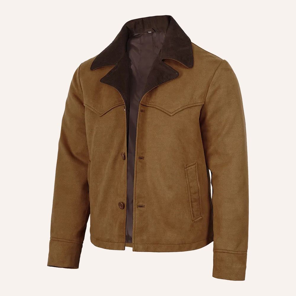Men’s Classic Tan Real Suede Western Jacket with Corduroy Collar