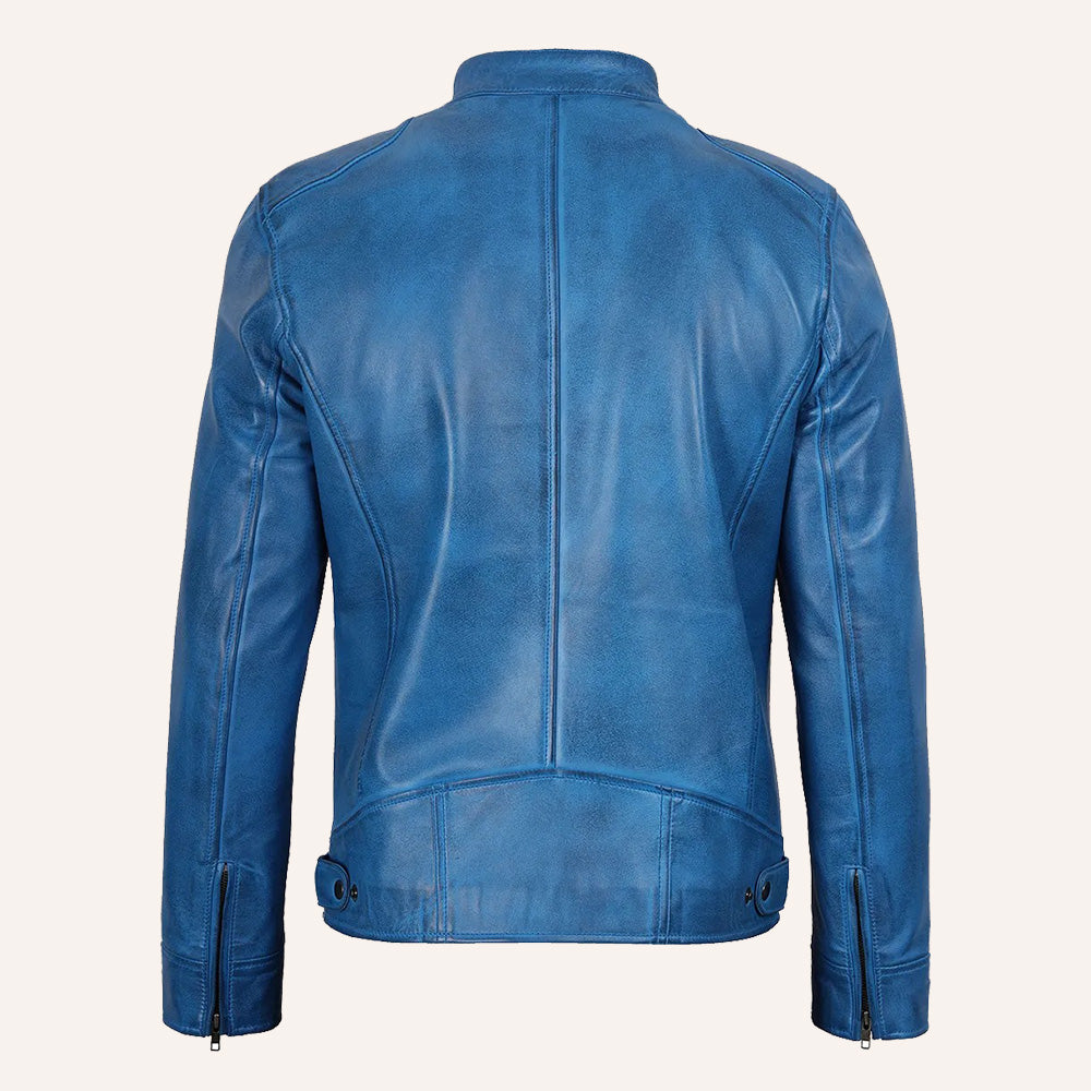 Men’s Vintage Blue Real Leather Cafe Racer Biker Jacket