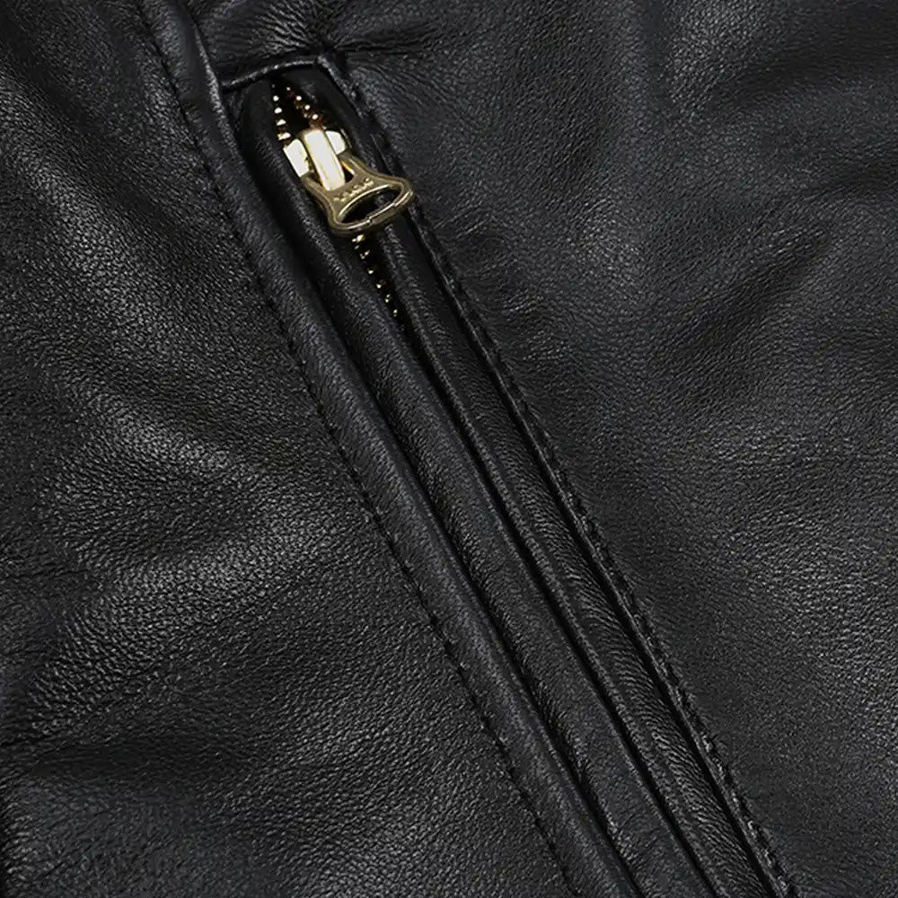 Women’s Classic Black Real Leather Cafe Racer Biker Jacket with Gold Hardware