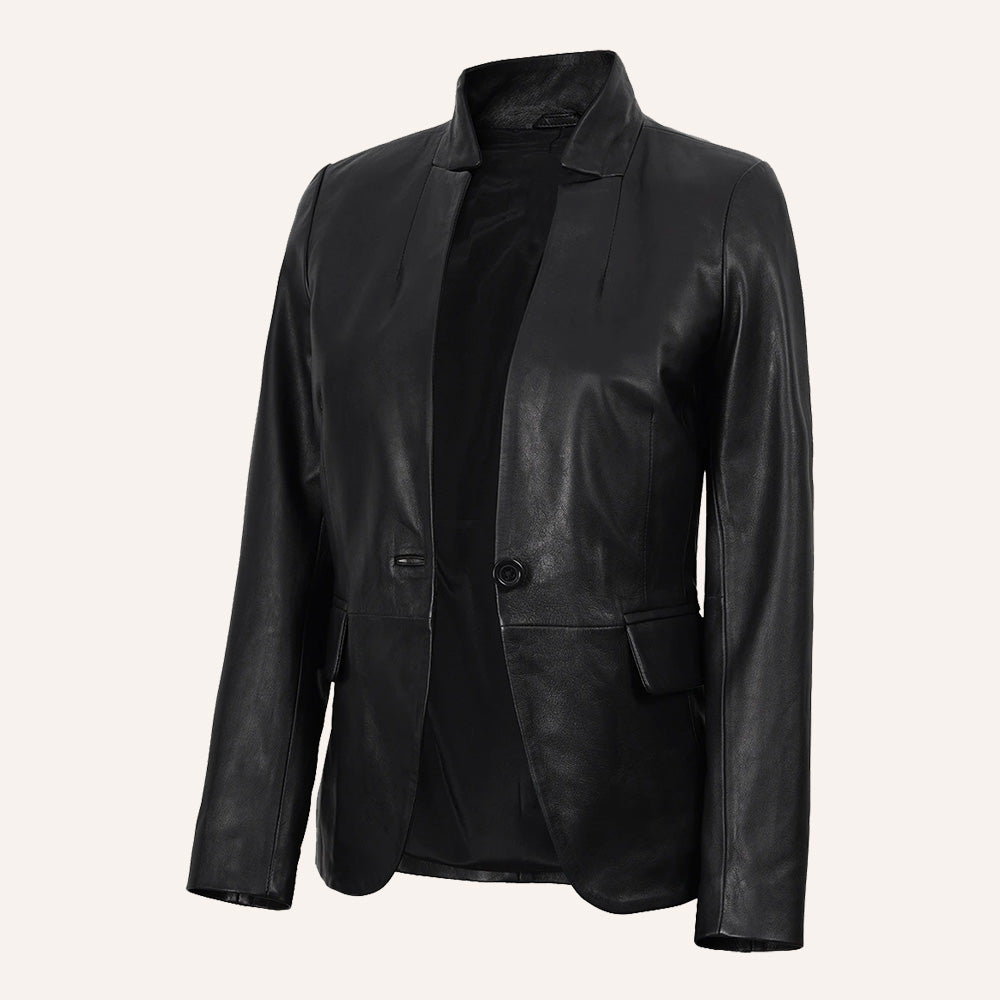 Women’s Classic Tailored Black Real Leather Belted Blazer Jacket