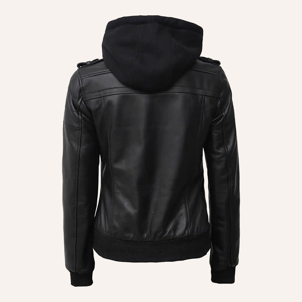 Women’s Classic Black Real Leather 2-in-1 Hooded Bomber Jacket with Removable Hood