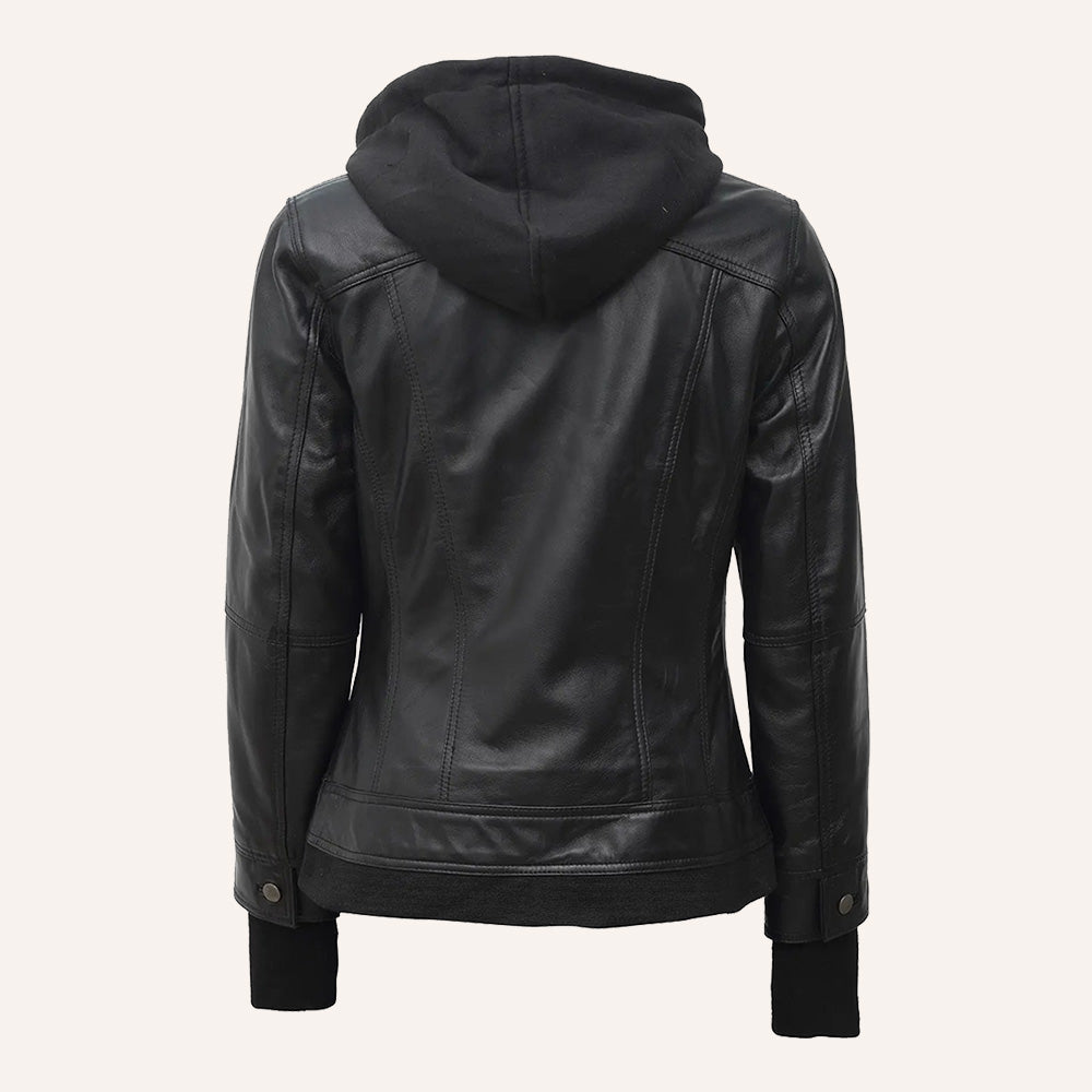 Women’s Classic Black Real Leather 2-in-1 Hooded Jacket with Removable Hood