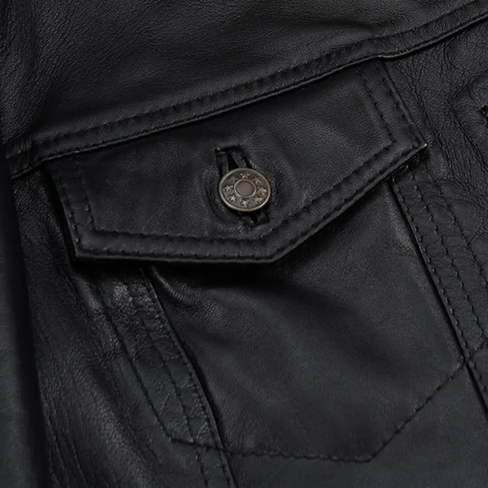 Women’s Classic Black Real Leather Trucker Jacket with Black Sherpa Collar