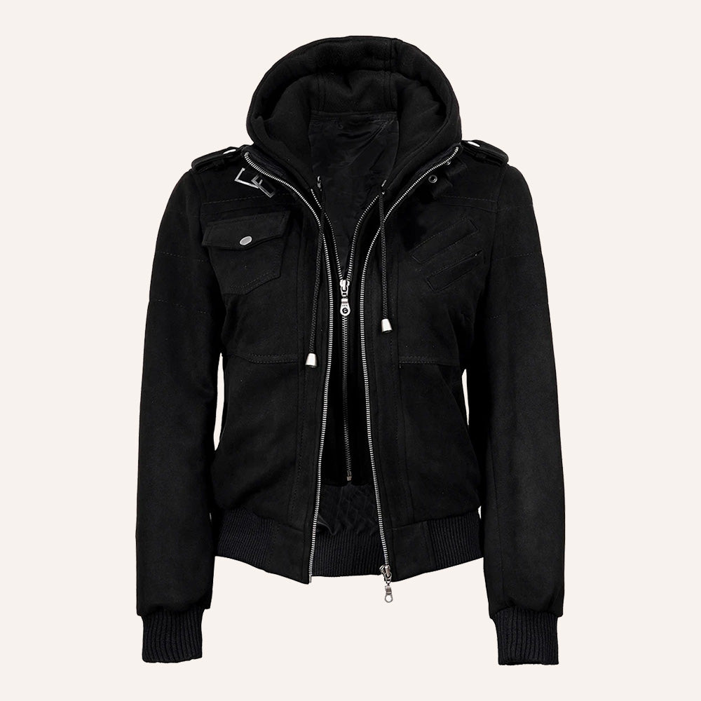 Women’s Black Suede 2-in-1 Hooded Bomber Jacket with Removable Hood