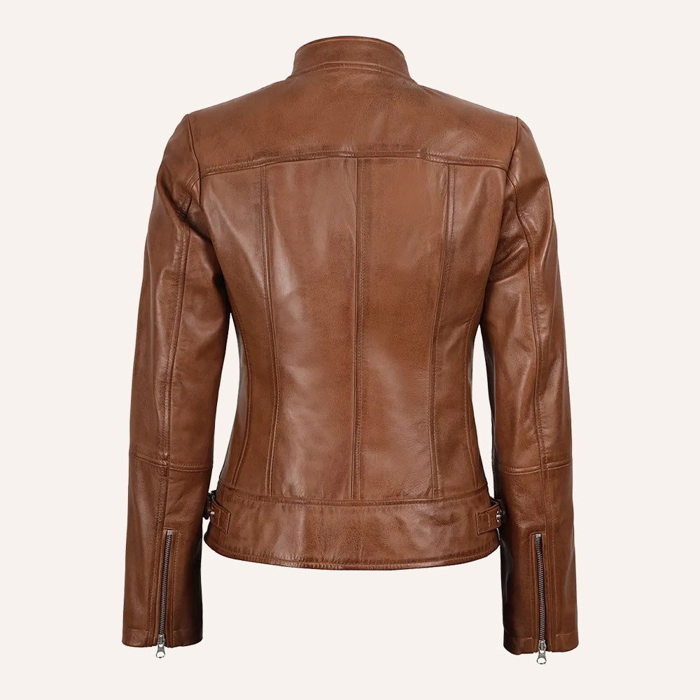 Women’s Classic Cognac Brown Real Leather Racer Biker Jacket