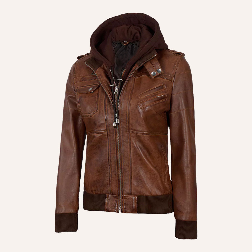 Women’s Classic Cognac Brown Real Leather 2-in-1 Hooded Bomber Jacket with Removable Hood