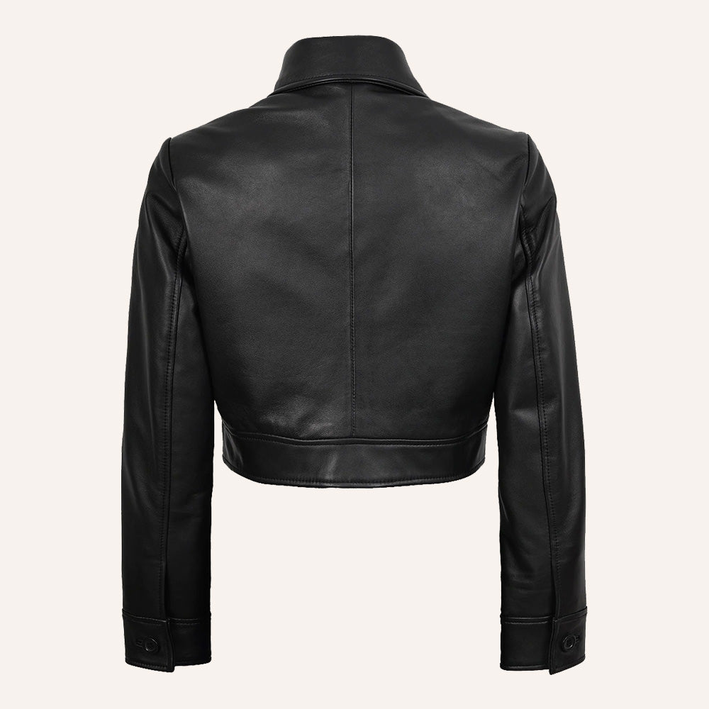 Women’s Classic Black Cropped Real Leather Trucker Jacket