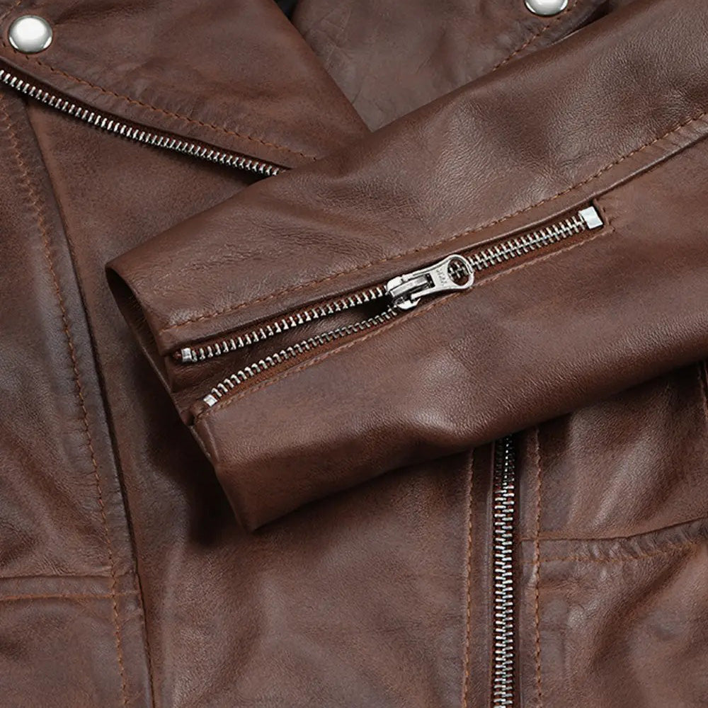 Women’s Classic Dark Brown Cropped Real Leather Biker Jacket