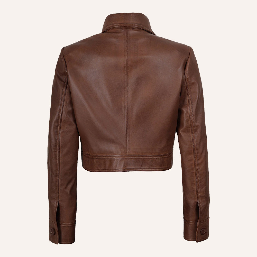 Women’s Classic Cognac Brown Cropped Real Leather Trucker Jacket
