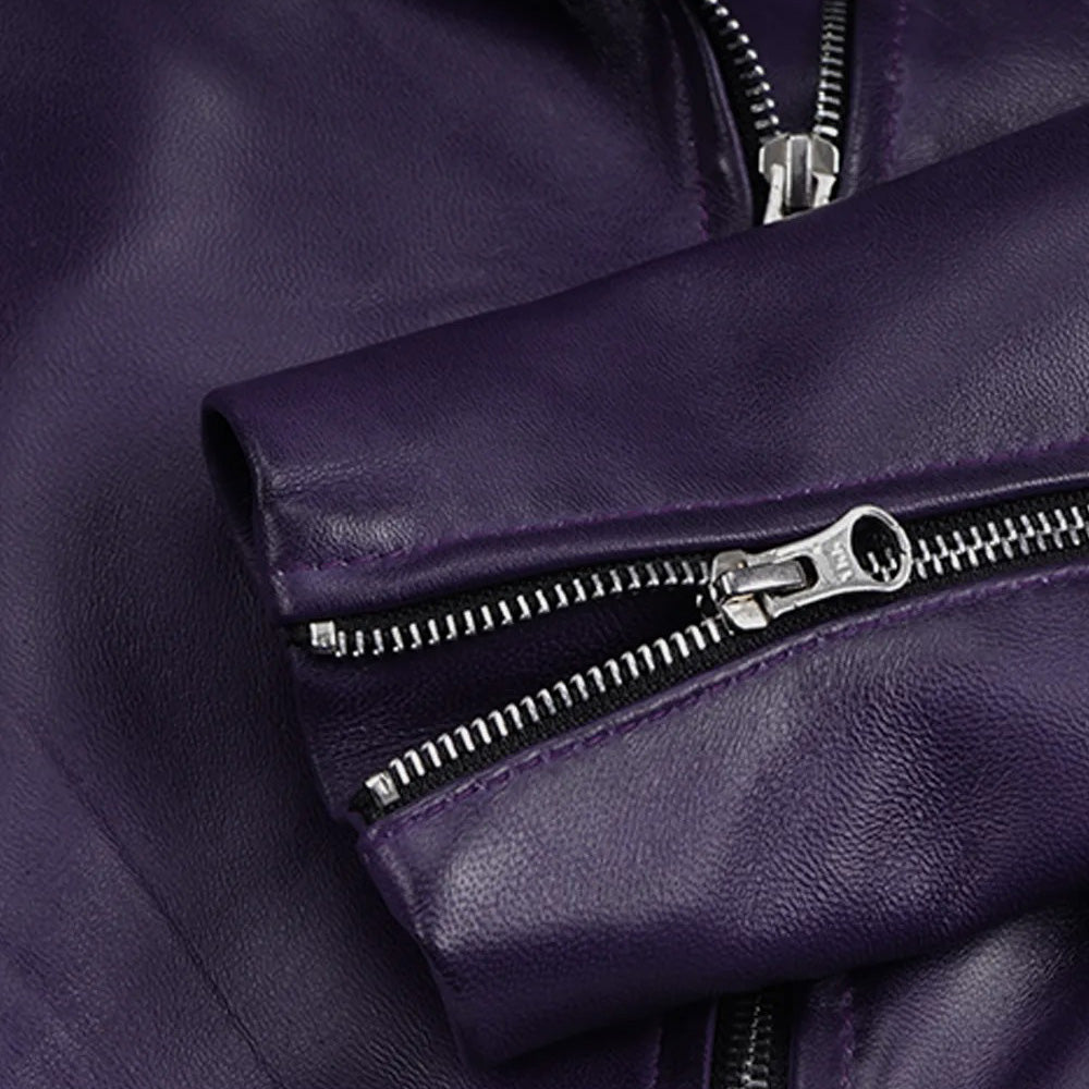Women’s Classic Deep Purple Cropped Real Leather Biker Jacket