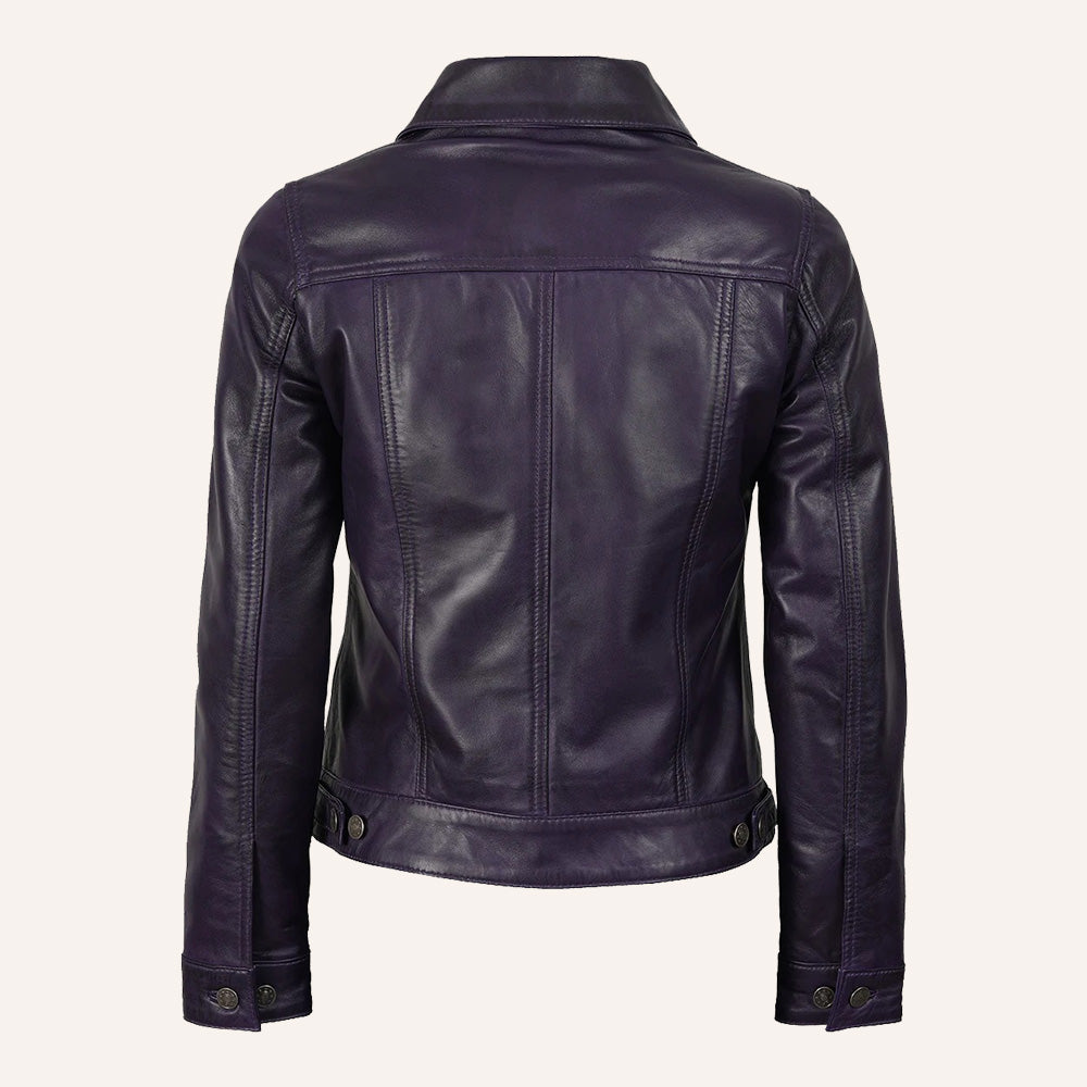 Women’s Classic Deep Purple Real Leather Trucker Jacket