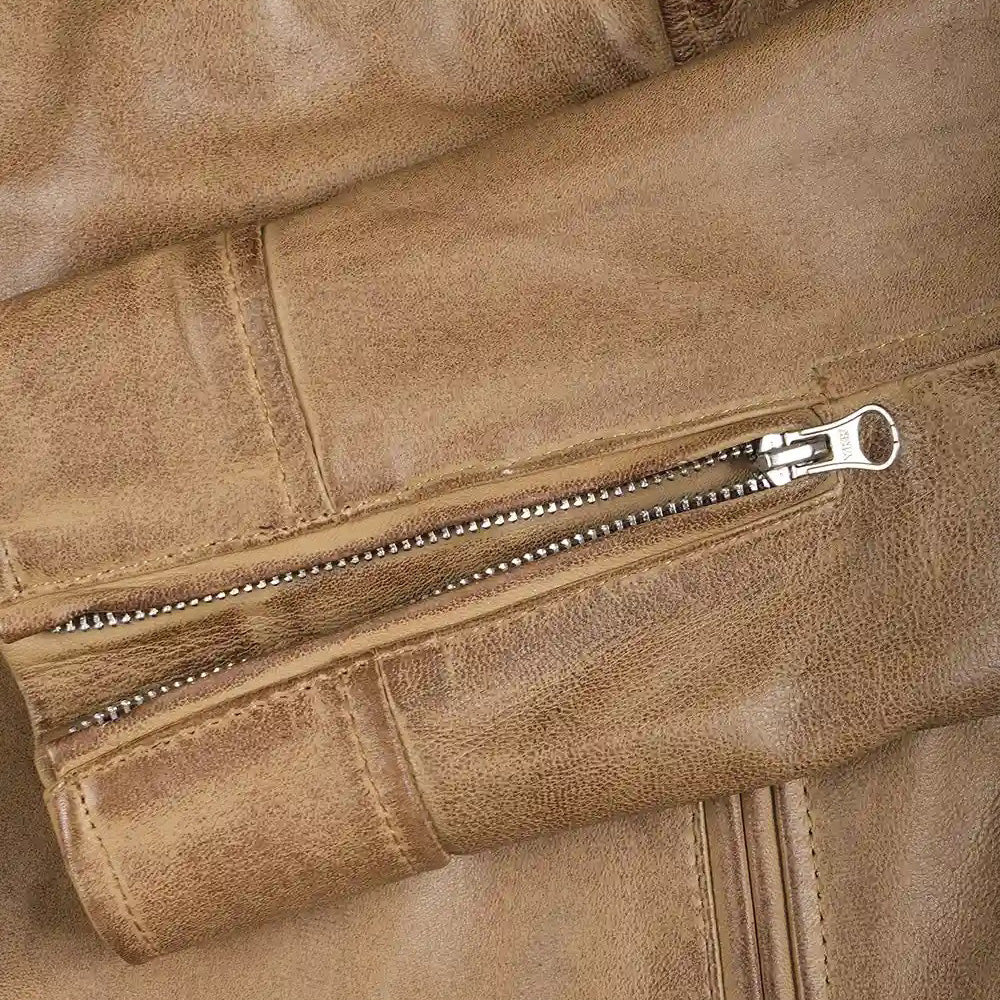 Women’s Classic Distressed Beige Real Leather Cafe Racer Biker Jacket