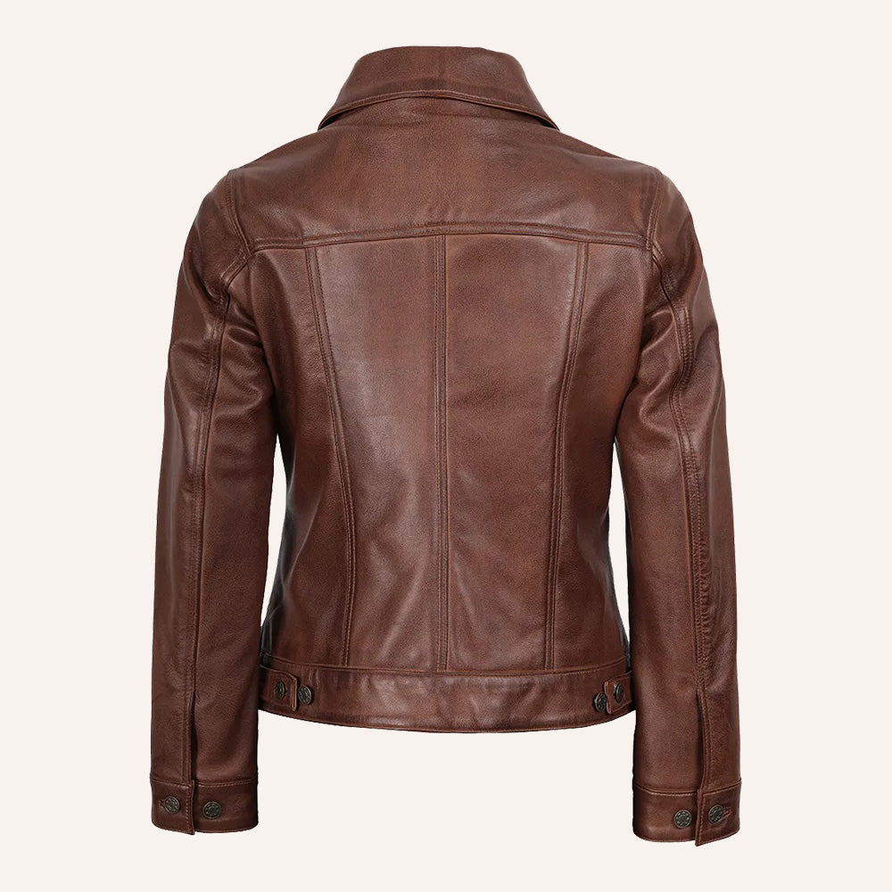 Women’s Classic Vintage Distressed Brown Real Leather Trucker Jacket