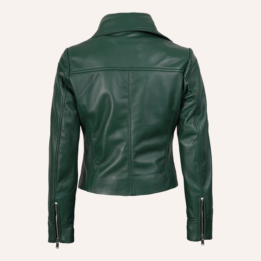 Women’s Classic Emerald Green Real Leather Biker Jacket