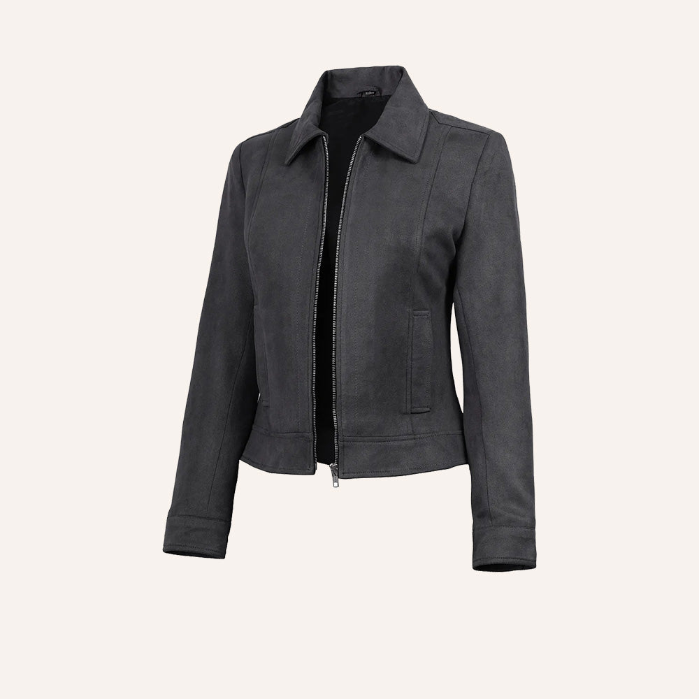 Women’s Classic Grey Suede Leather Zip Jacket