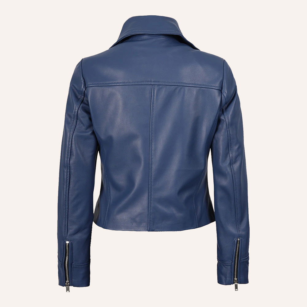 Women’s Classic Navy Blue Real Leather Biker Jacket