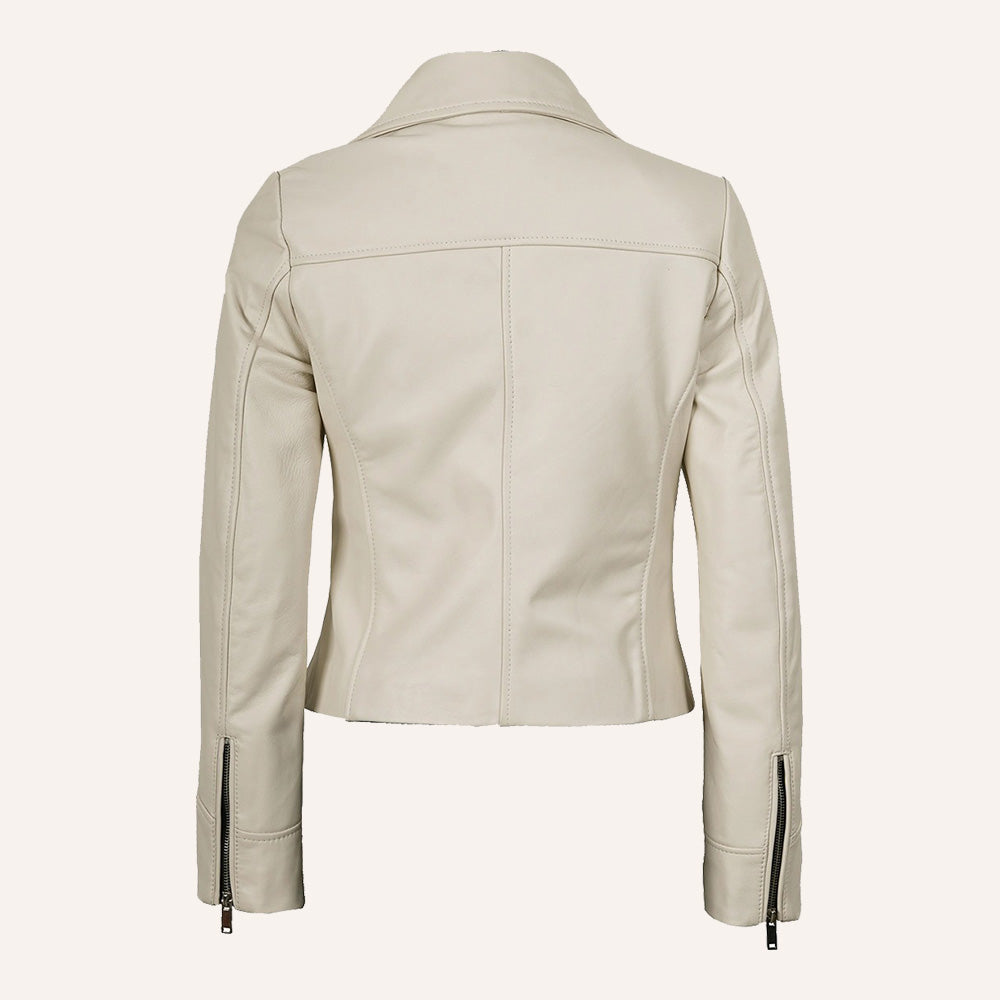 Women’s Classic Off-White Real Leather Biker Jacket