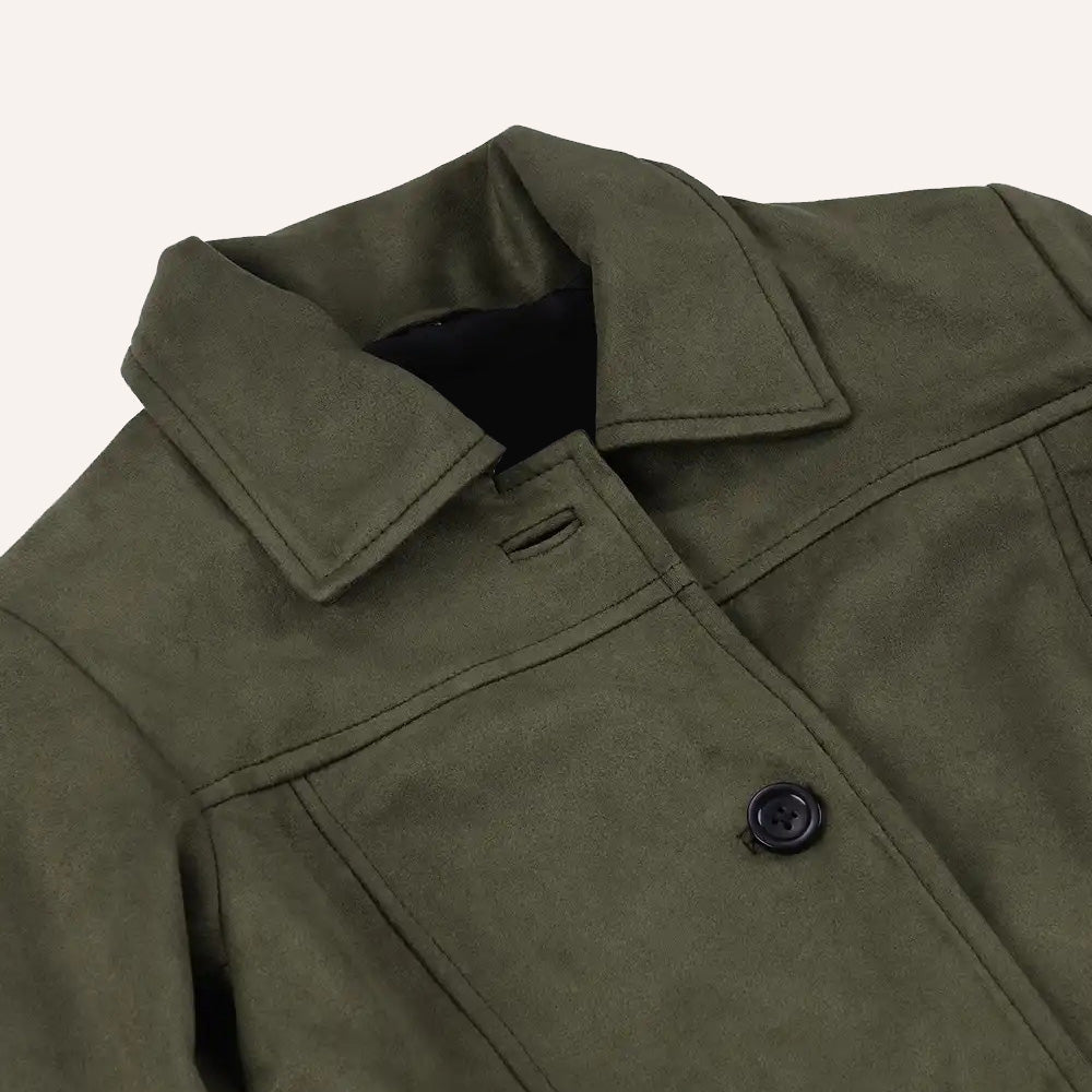 Women’s Classic Olive Green Suede Leather Mid-Length Trench Coat