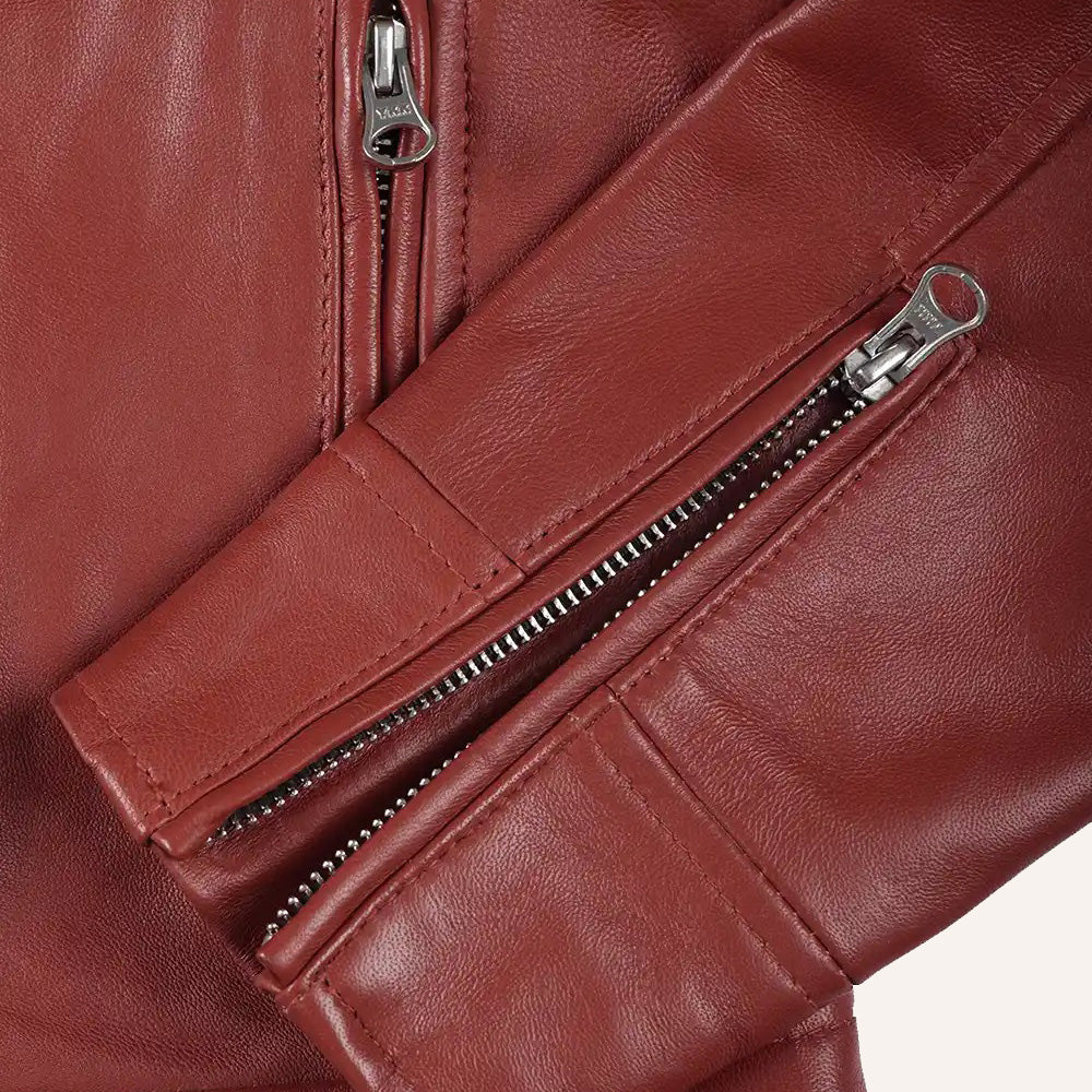 Women’s Classic Red Real Leather Cafe Racer Biker Jacket