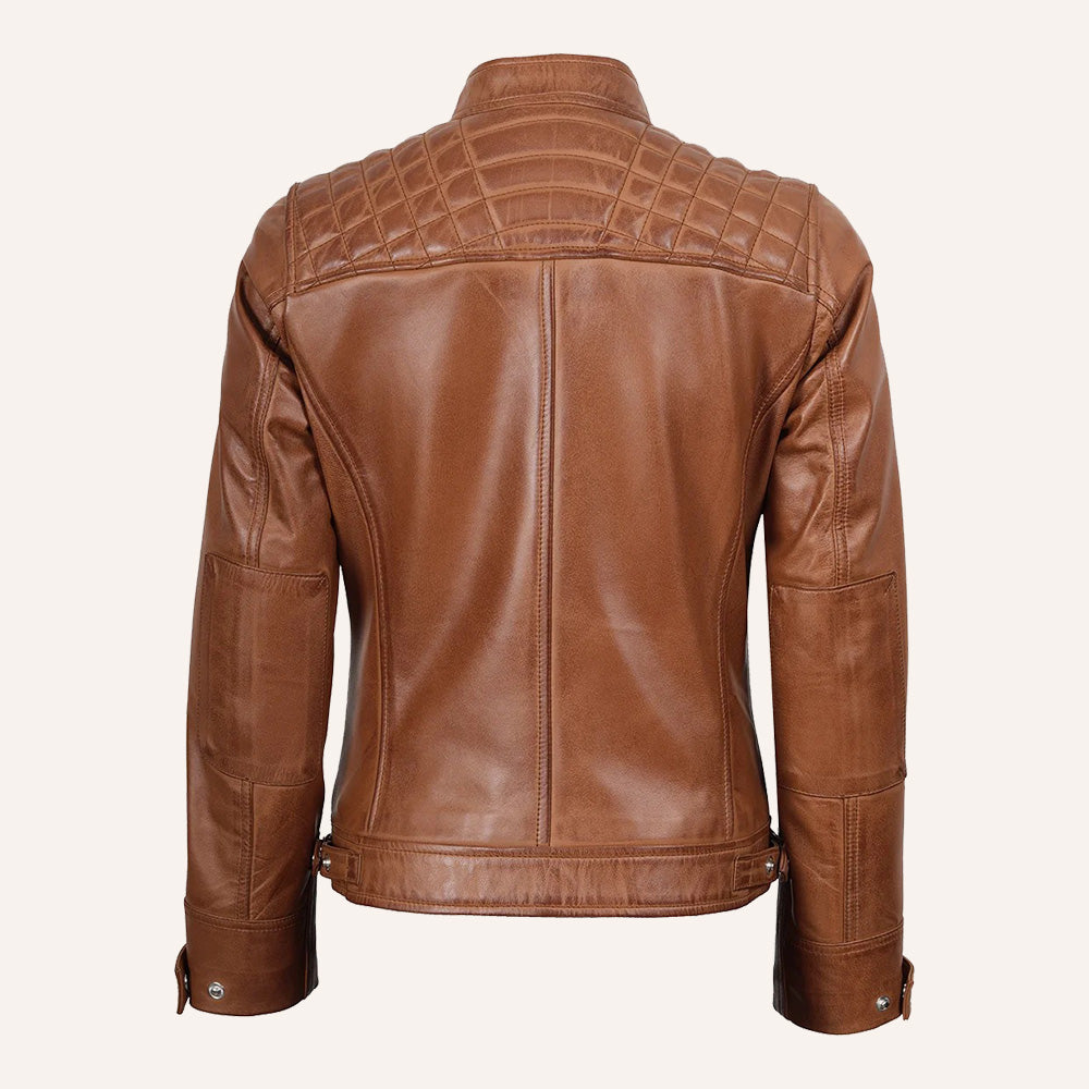 Women’s Classic Tan Brown Quilted Real Leather Cafe Racer Biker Jacket