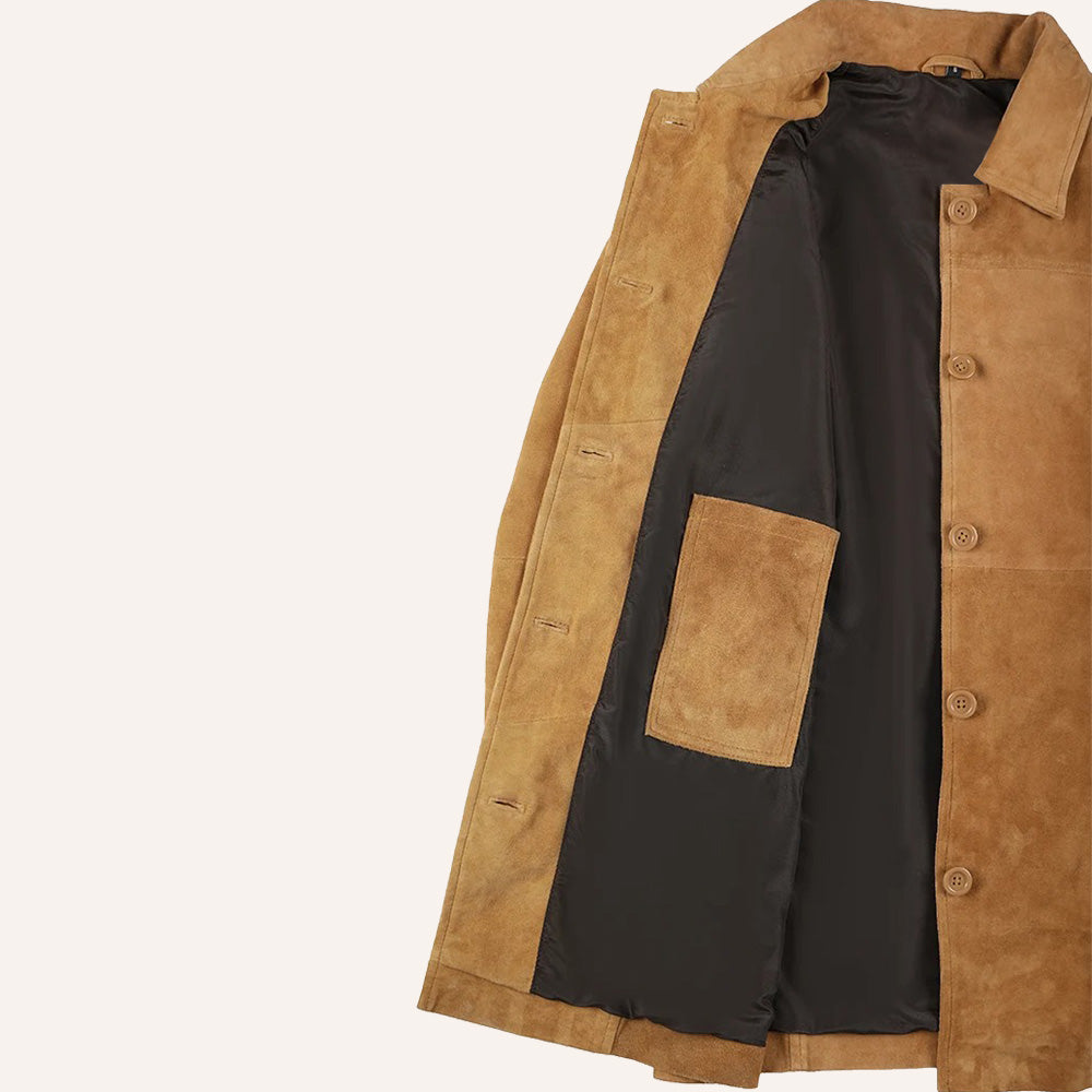 Women’s Vintage Tan Brown Suede Mid-Length Leather Coat