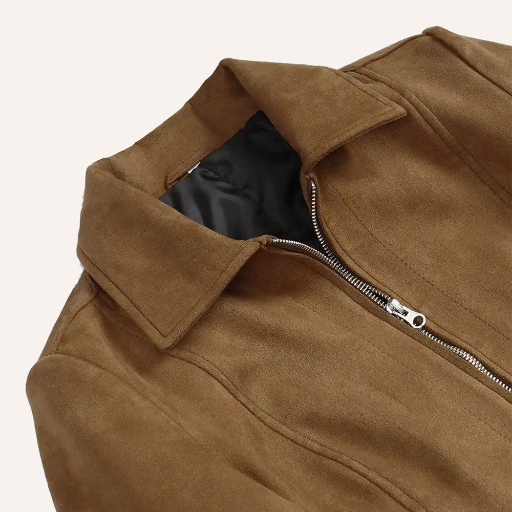 Women’s Classic Tan Real Suede Zip-Up Jacket with Snap Waist Tabs