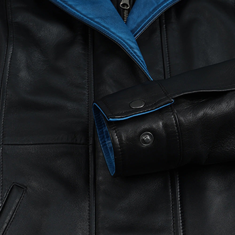 Women’s Classic Two-Tone Black and Royal Blue Real Leather Mid-Length Coat