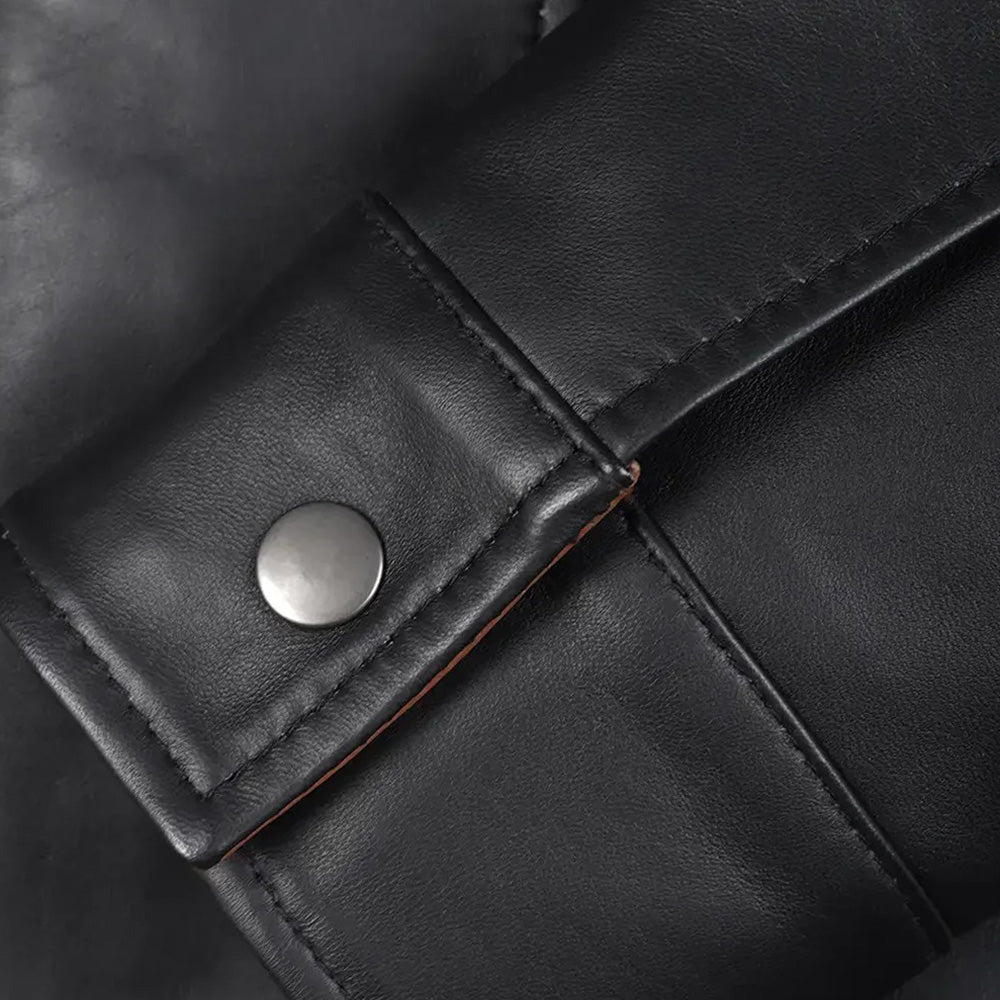 Women’s Classic Two-Tone Black and Tan Brown Real Leather Mid-Length Coat