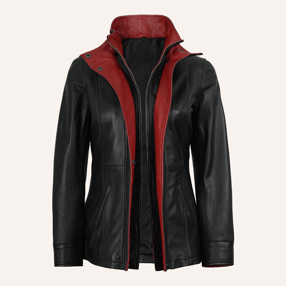 Women’s Classic Two-Tone Black and Crimson Red Real Leather Mid-Length Coat