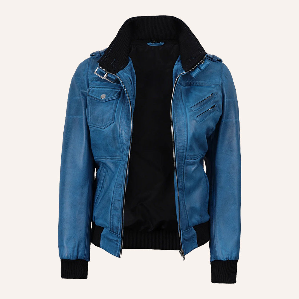 Women’s Classic Vibrant Blue Real Leather 2-in-1 Hooded Bomber Jacket with Removable Hood