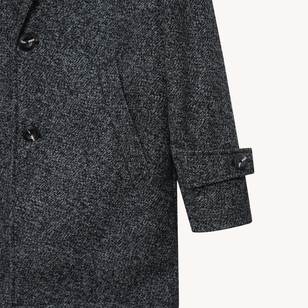 Men's Gray Tweed Overcoat with Notch Lapel and Tab Cuffs