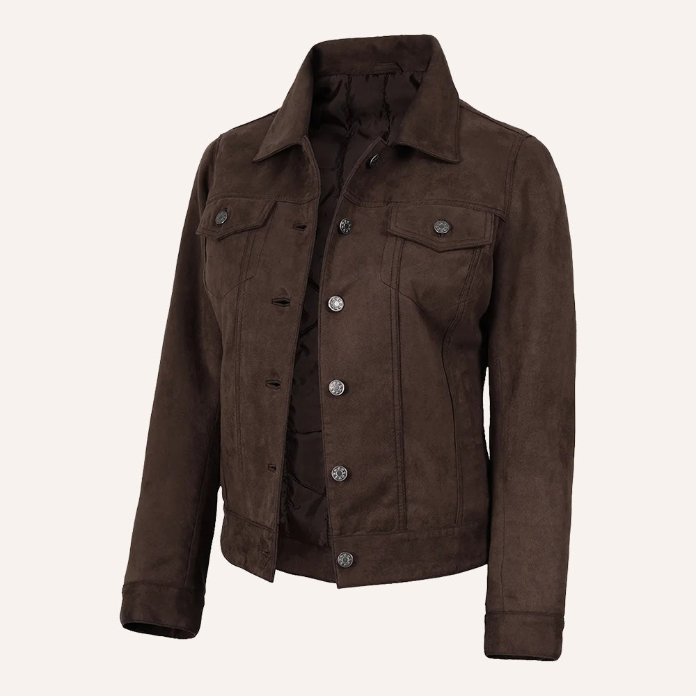 Women’s Vintage Dark Brown Suede Leather Trucker Jacket