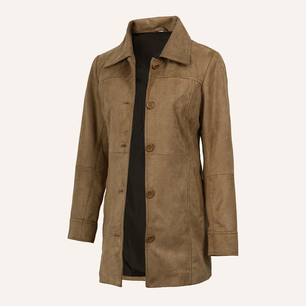 Women’s Classic Tan Suede Leather Mid-Length Trench Coat