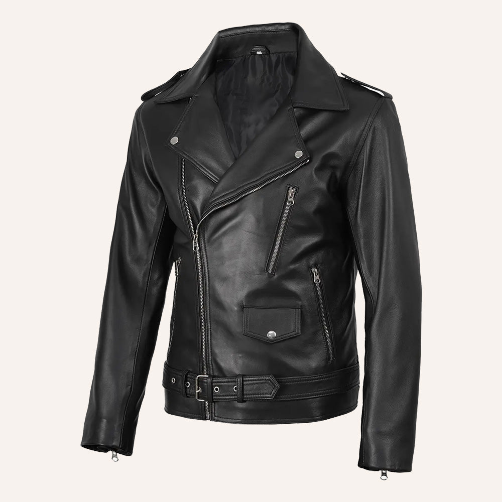 Men's Black Leather Biker Jacket with Belted Waist