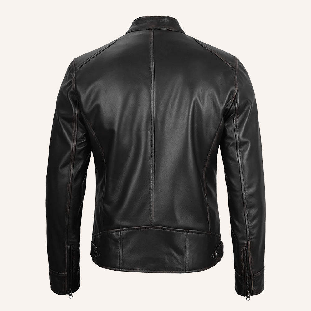 Men's Distressed Black Leather Cafe Racer Jacket
