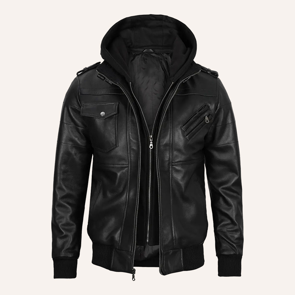 Men's Black Leather Jacket with Detachable Hood