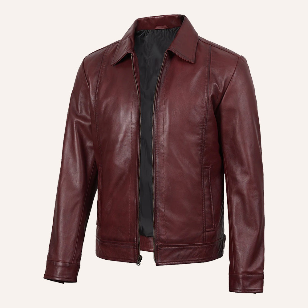 Men's Burgundy Leather Jacket with Front Zip Closure