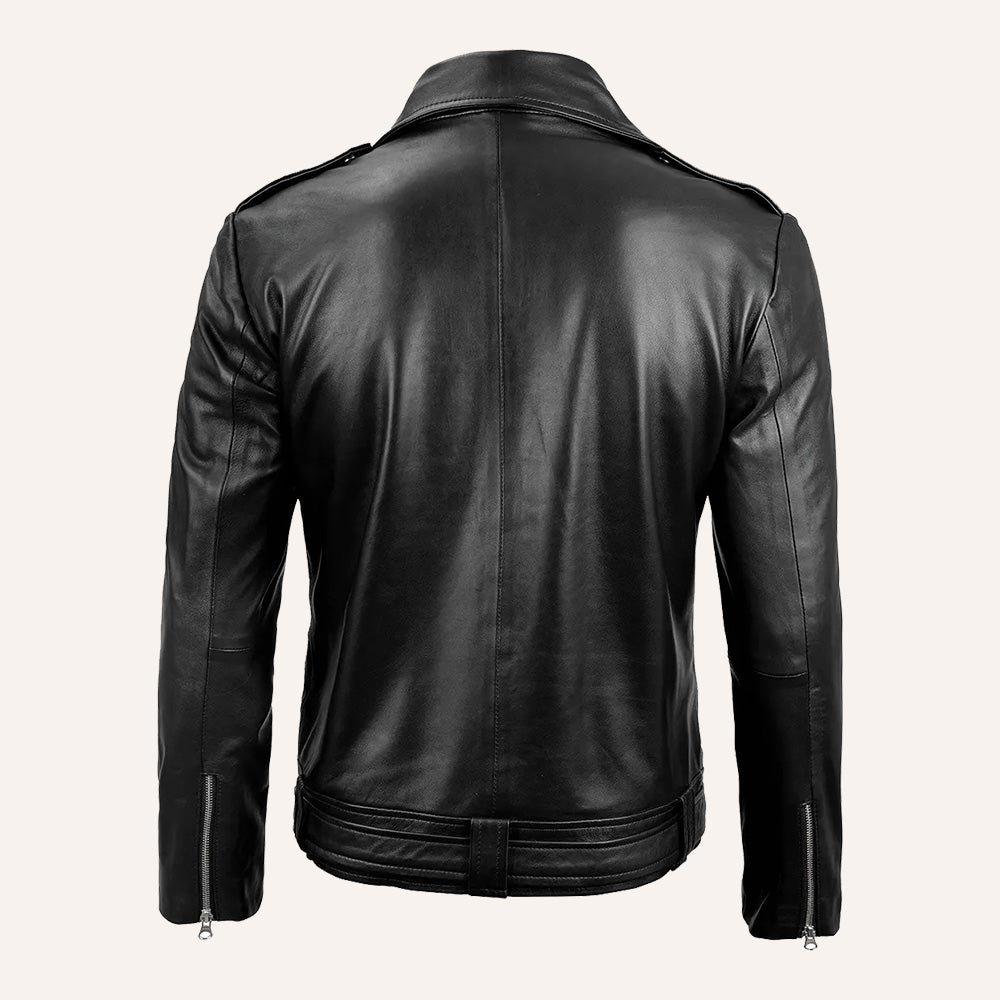 Men’s Classic Black Real Leather Belted Double Rider Biker Jacket
