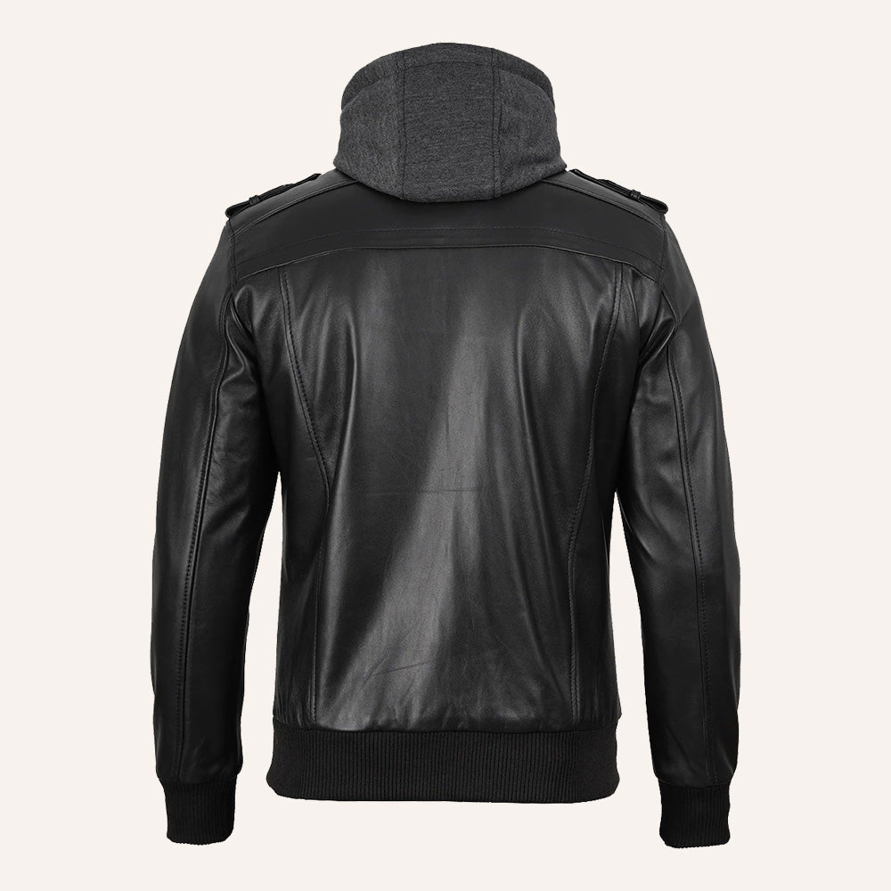 Men’s Black Real Leather 2-in-1 Hooded Bomber Jacket with Removable Hood