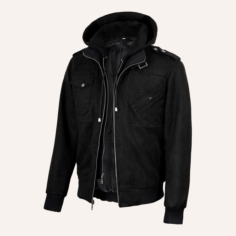 Men’s Classic Black Real Suede 2-in-1 Hooded Bomber Jacket with Removable Hood