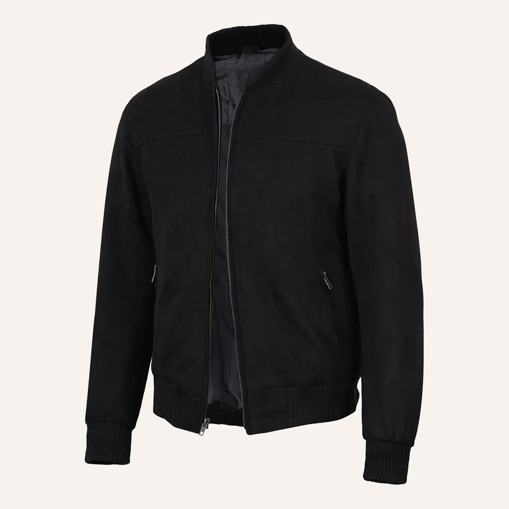 Men’s Classic Black Real Suede Leather Bomber Jacket