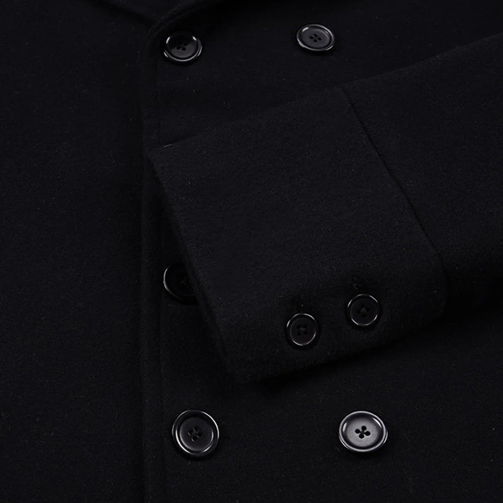 Men’s Classic Black Long Wool Greatcoat with Faux Fur Collar