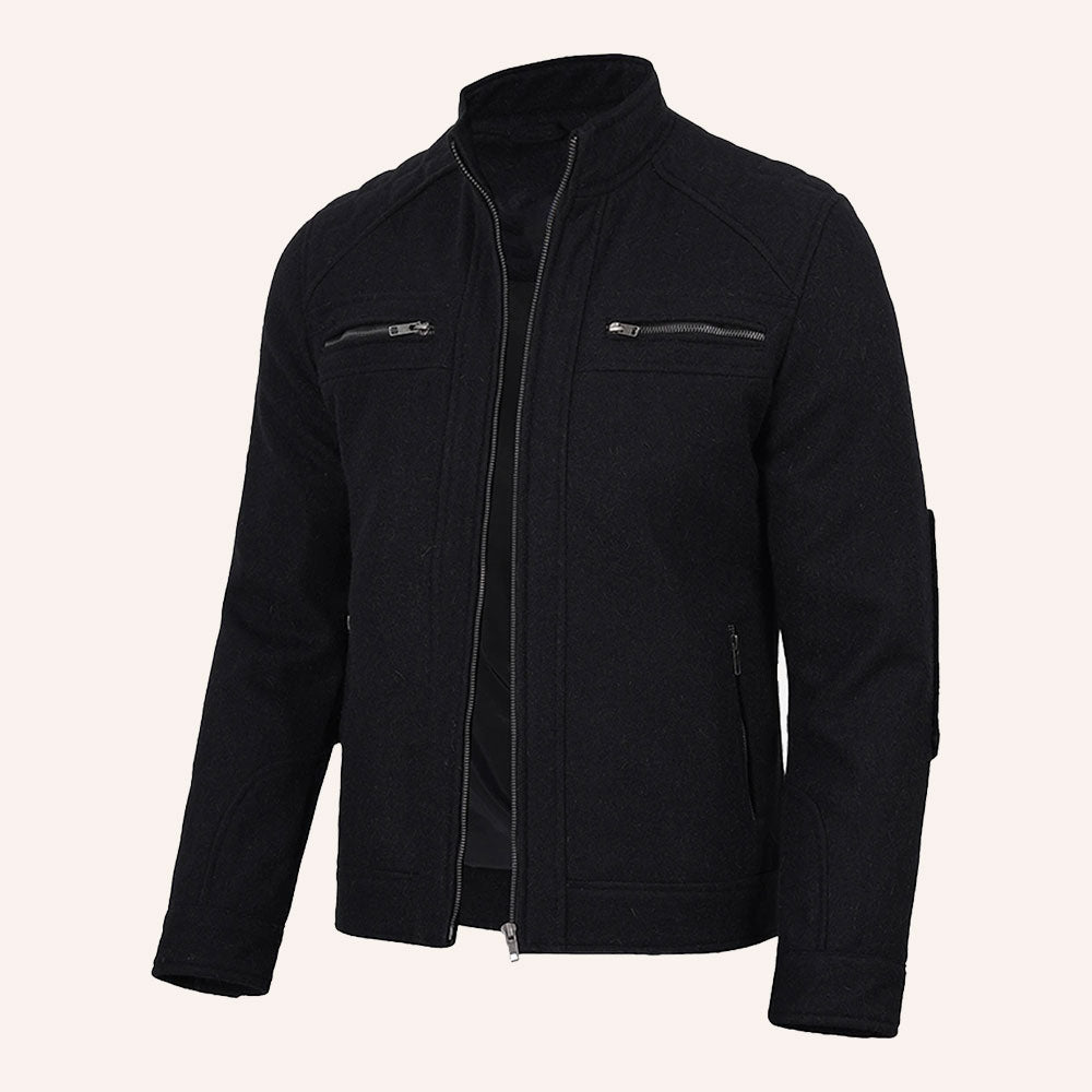 Men’s Classic Black Wool Racer Biker Jacket