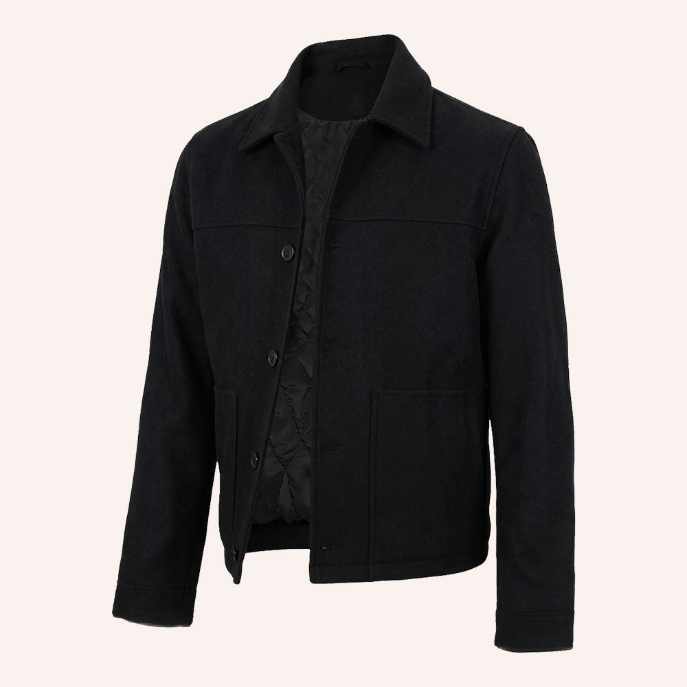 Men’s Classic Black Wool Shirt Jacket with Quilted Lining